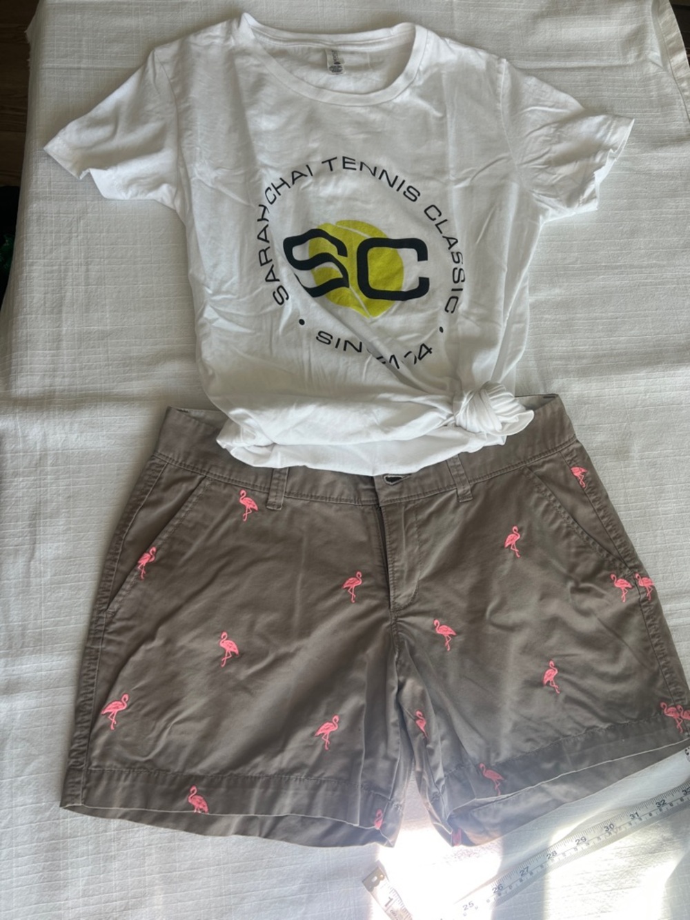 Old Navy Khaki Shorts with Pink Flamingo Embroidery